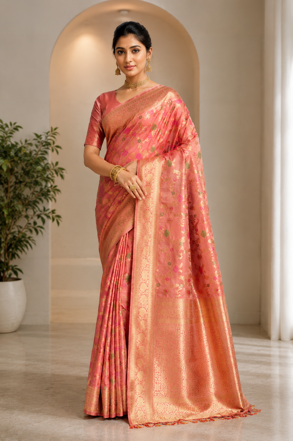 Eternal Flora Banarasi Silk (Peach) Ready To Wear Pocket Saree
