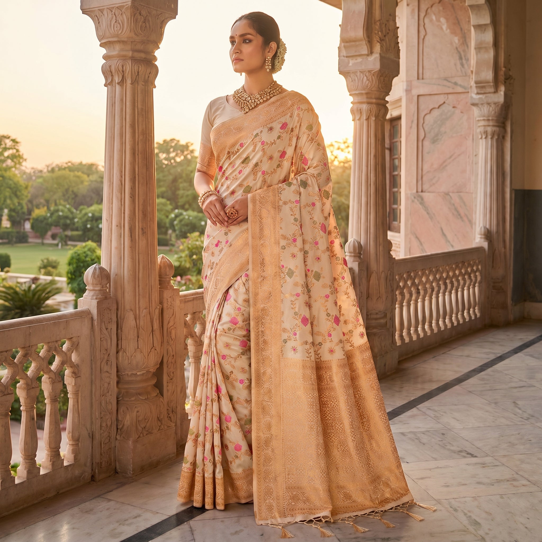 Eternal Flora Banarasi Silk (Cream) Ready To Wear Pocket Saree