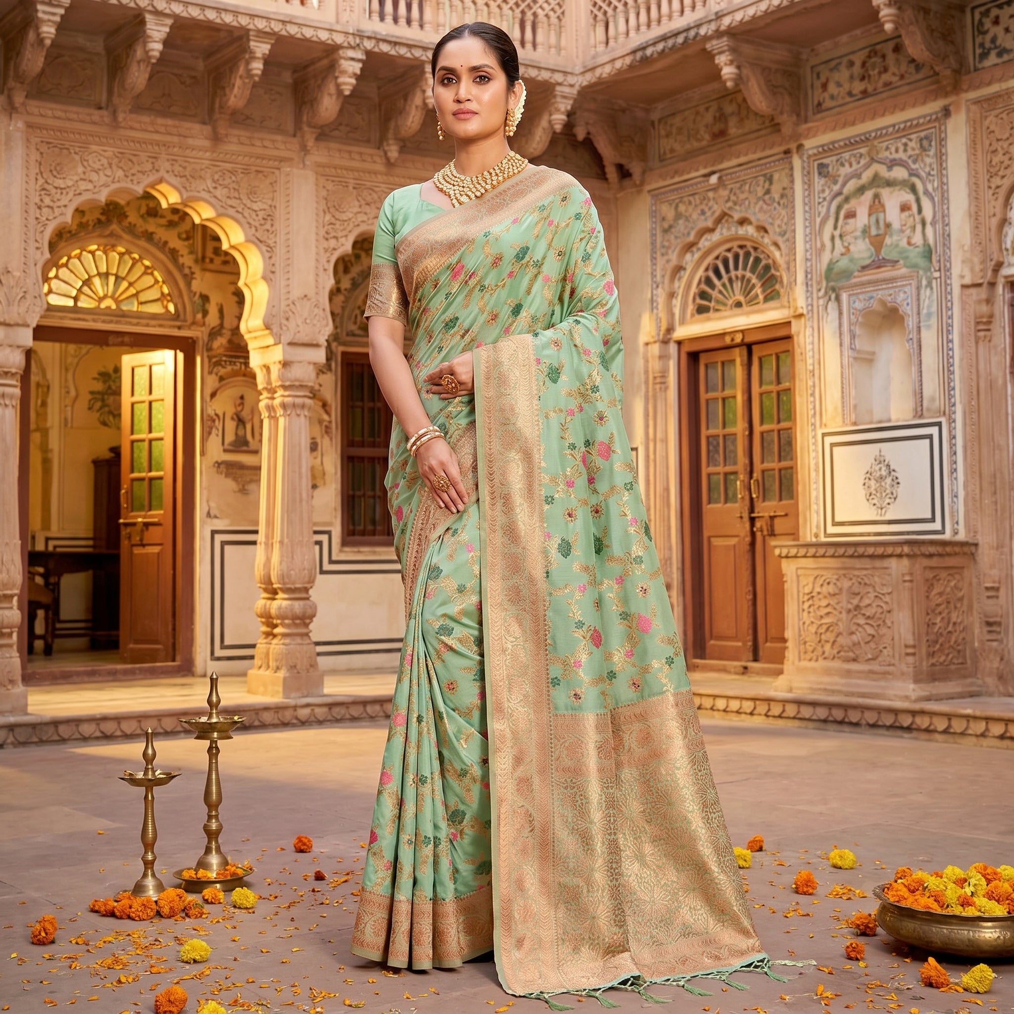 Eternal Flora Banarasi Silk (Sea Green) Ready To Wear Pocket Saree