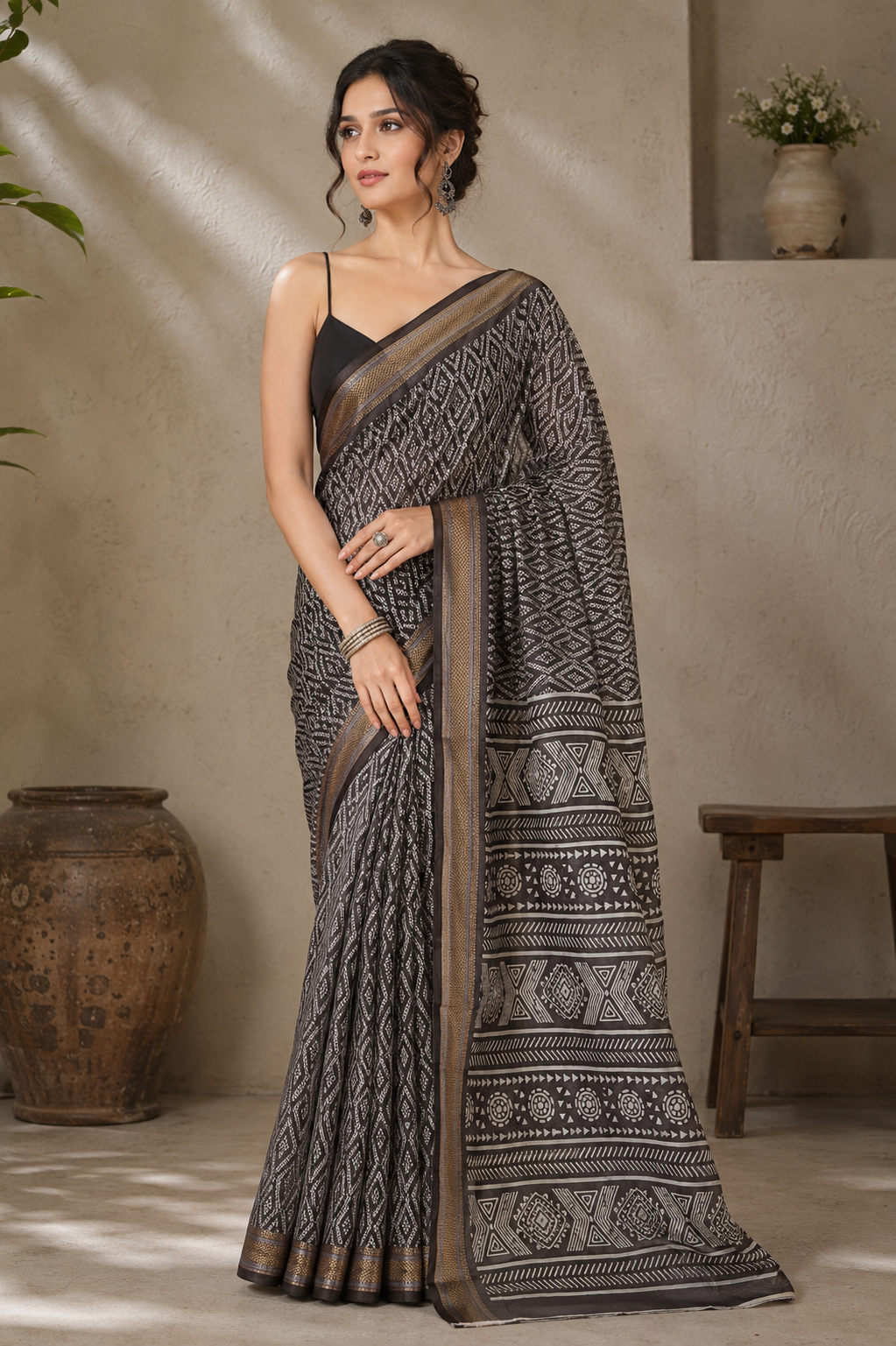 Mulmul Cotton (Brown) Bandhani Printed Ready To Wear Pocket Saree