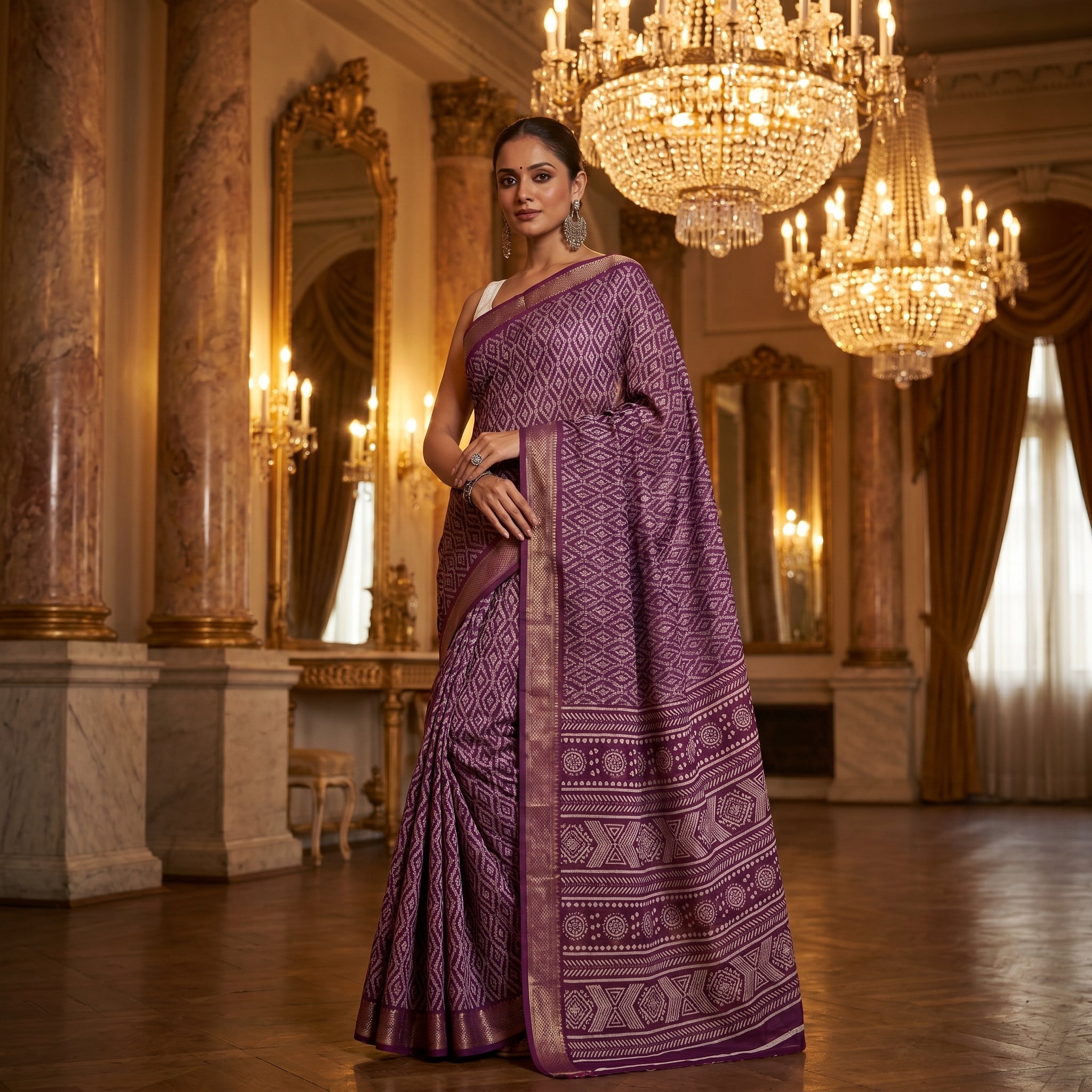 Mulmul Cotton (Purple) Bandhani Printed Ready To Wear Pocket Saree