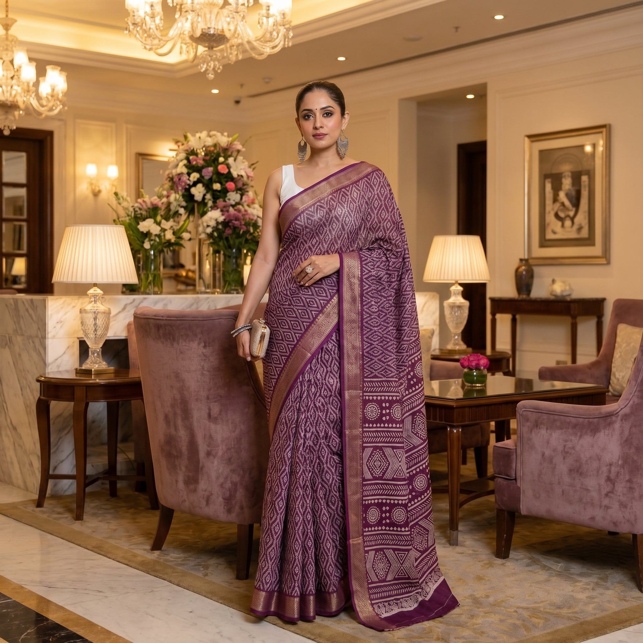 Mulmul Cotton (Purple) Bandhani Printed Ready To Wear Pocket Saree