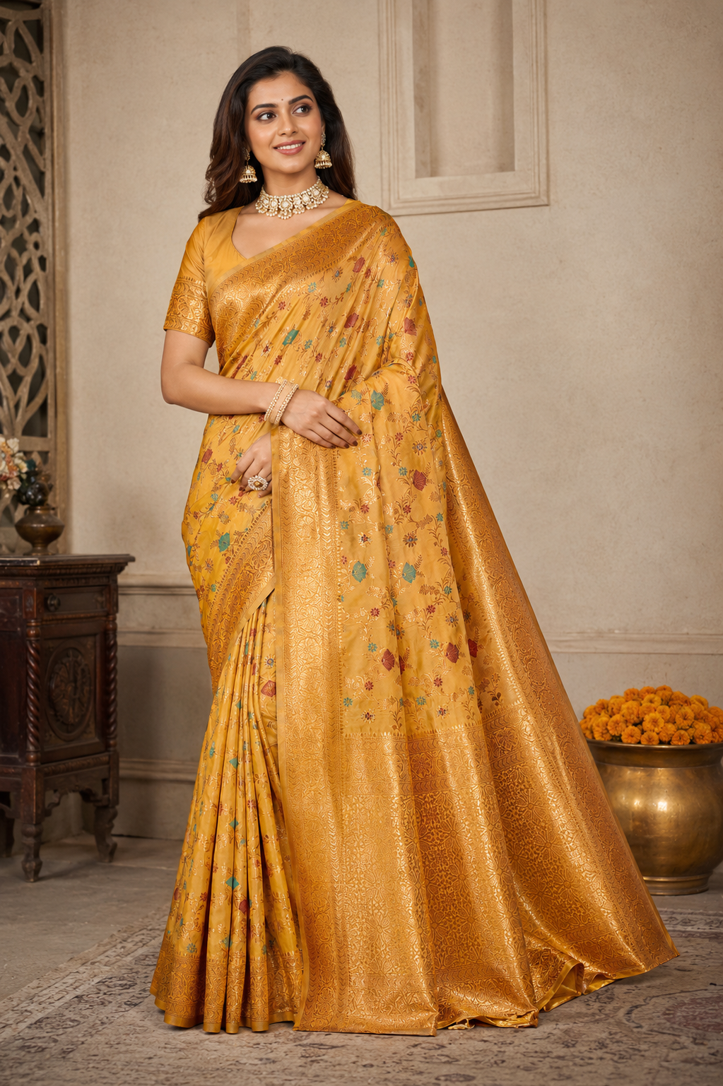 Eternal Flora Banarasi Silk (Yellow) Ready To Wear Pocket Saree