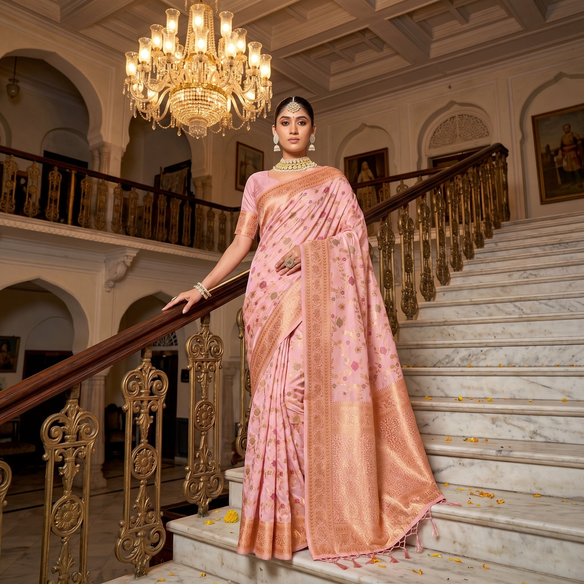 Eternal Flora Banarasi Silk (Pink) Ready To Wear Pocket Saree