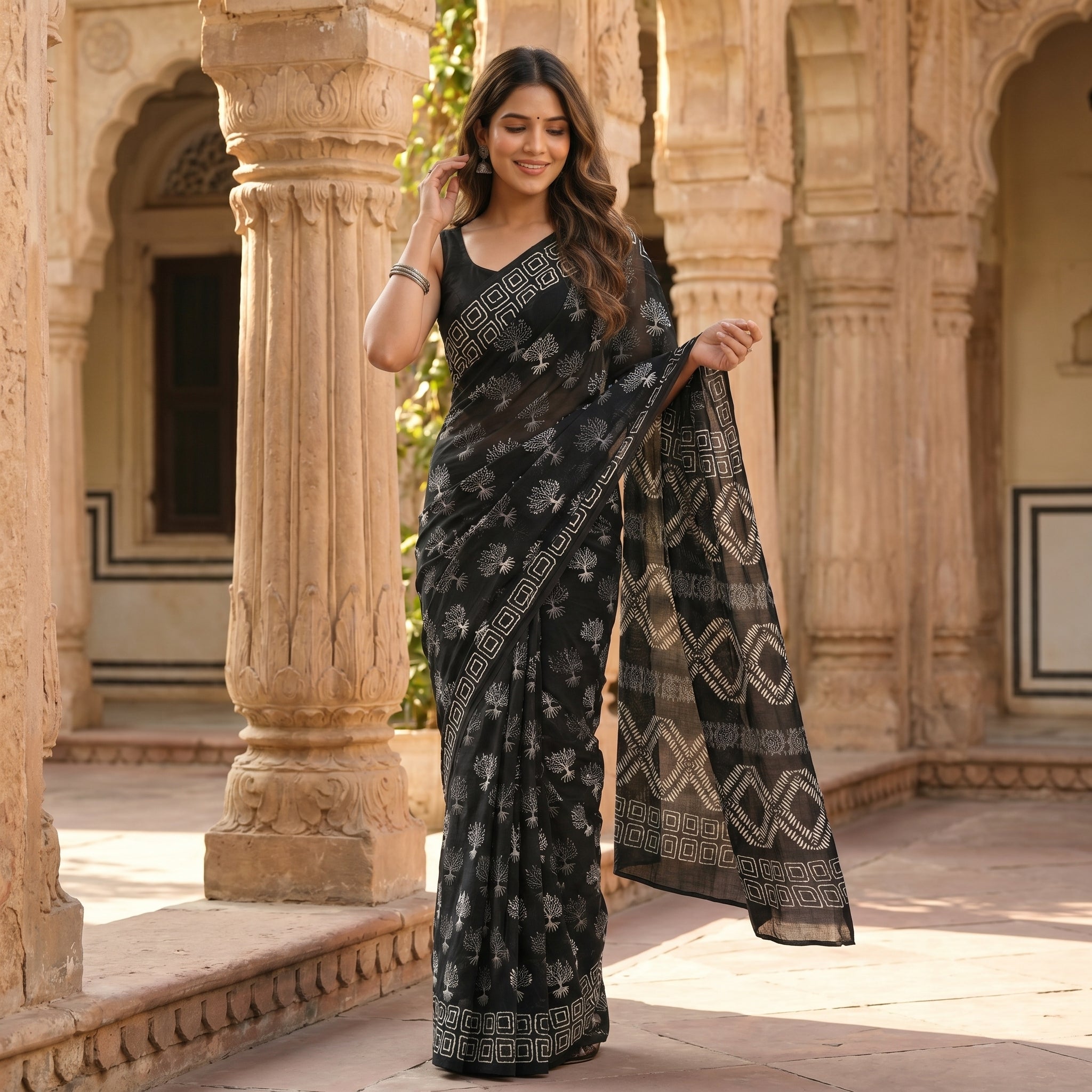 Deep Roots Mul Cotton Ready-To-Wear Pocket Saree