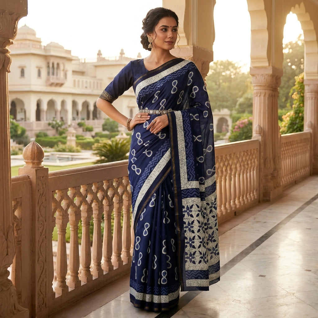 Indigo Blue Modal Mul Cotton Ready To Wear Pocket Saree