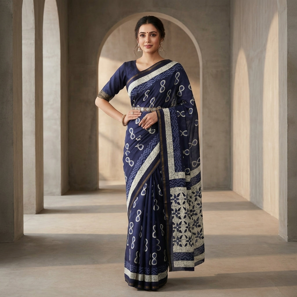 Indigo Blue Modal Mul Cotton Ready To Wear Pocket Saree