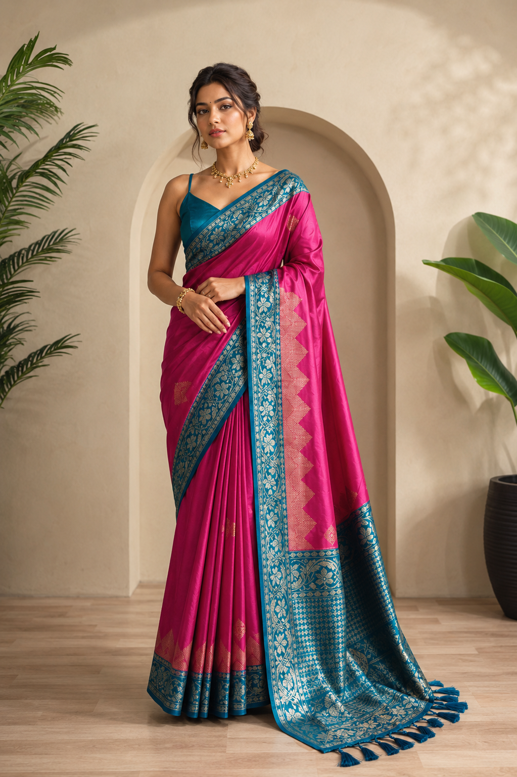 Studio portrait of the pre-stitched fuchsia pink silk pocket saree, displaying the full pallu drape, tailored waist fit, built-in lining coverage, and gold zari motifs scattered across the pink body.