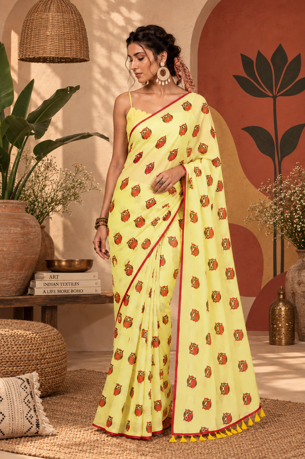 Full-length shot of a model wearing the soft lemon-yellow Mul Cotton ready-to-wear pocket saree, scattered with colourful owl motifs, featuring a thin red border trim and yellow tassel pallu.