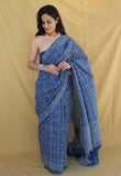 Blue Pearl Mul Cotton Hand Block Printed Ready-to-wear Pocket Saree