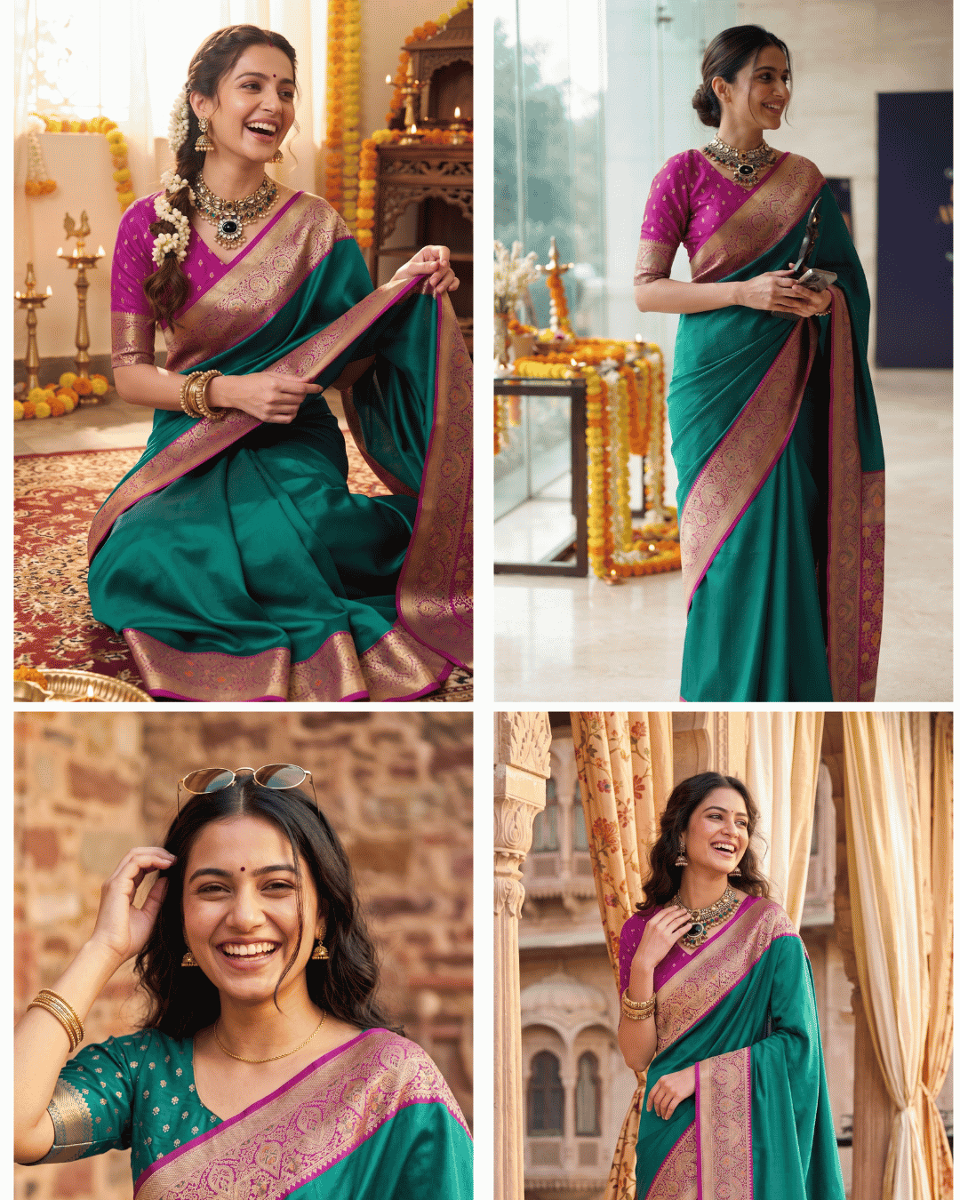 A four-panel collage showing a woman wearing the soft silk teal-green pocket saree with a rich pink and gold border. The panels show her in different poses, seated and standing, in different settings.