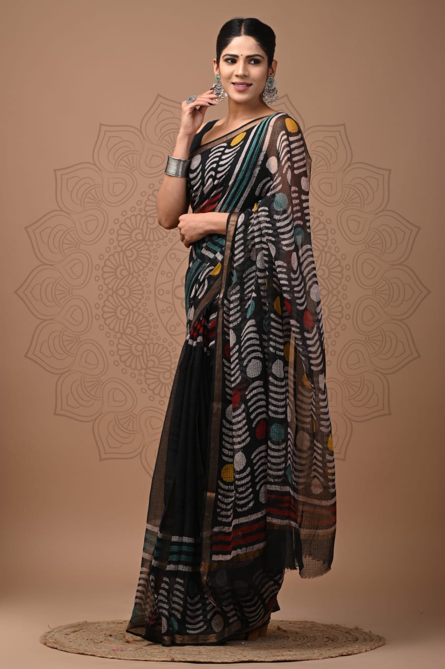 Kota Doria Hand Block Printed Saree