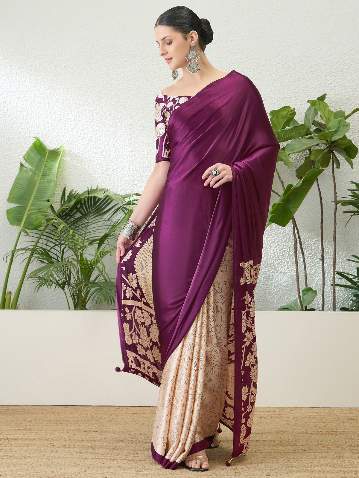 Suvarna Semi Modal Ready To Wear Pocket Saree | Wine