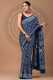 Indigo Symphony Mul Cotton Hand Block Printed Saree