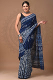 Indigo Blue Mul Cotton Hand Block Printed Saree