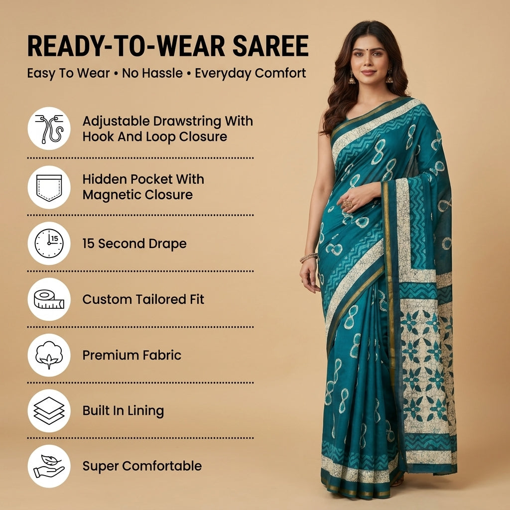 Blue Modal Mul Cotton Ready To Wear Pocket Saree