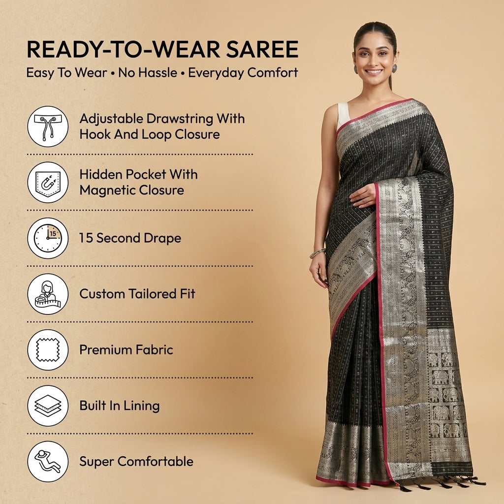 Black Empress Silk Ready To Wear Pocket Saree