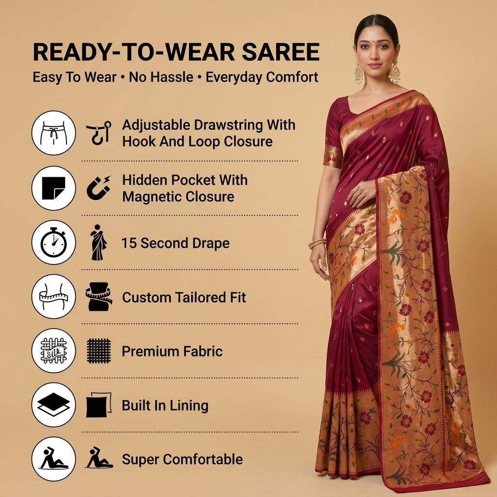 Shubh Shringar (Maroon) Powerloom Silk Ready To Wear Pocket Saree