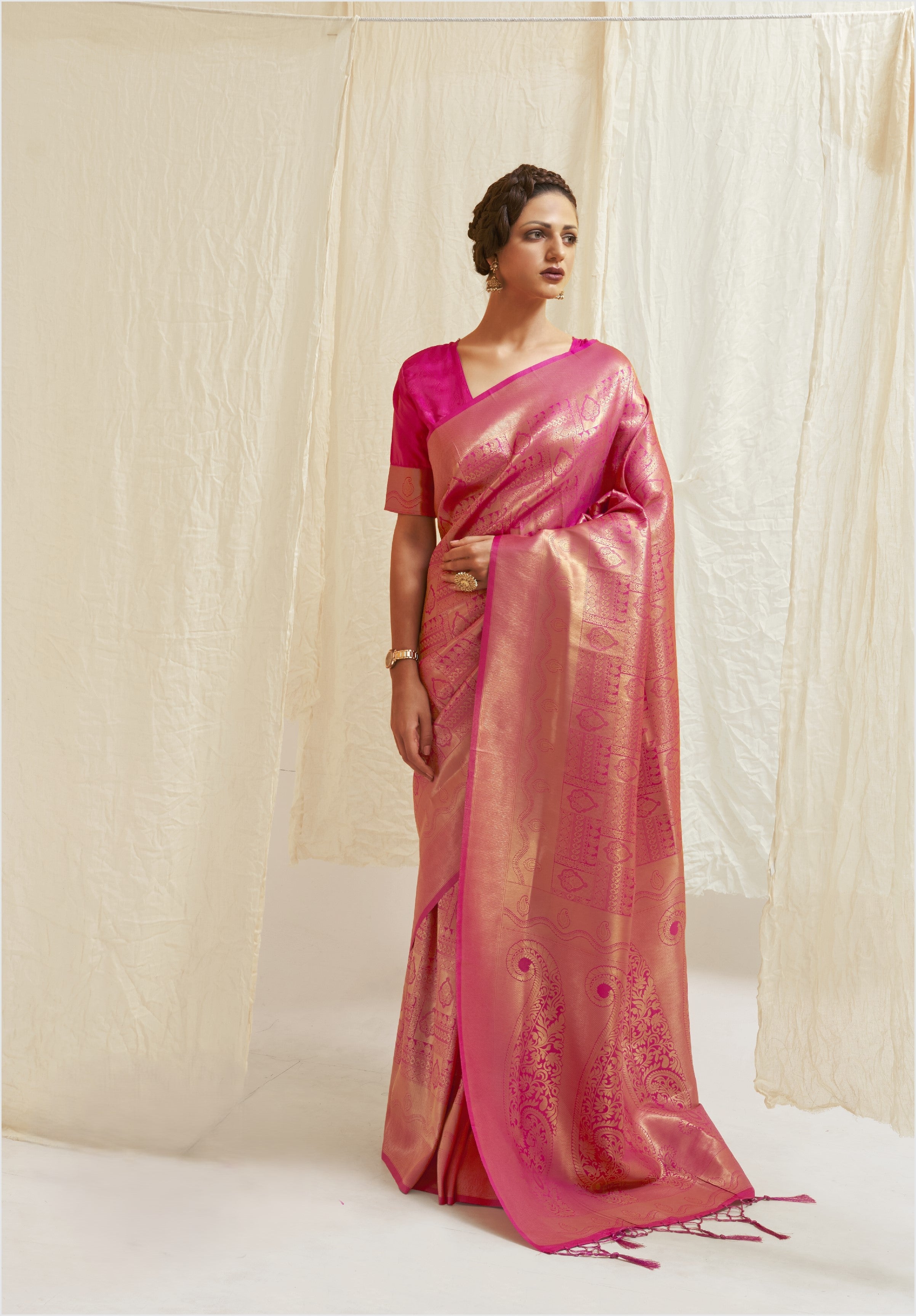 Kumbhi Bright Pink Silk Ready To Wear Pocket Saree