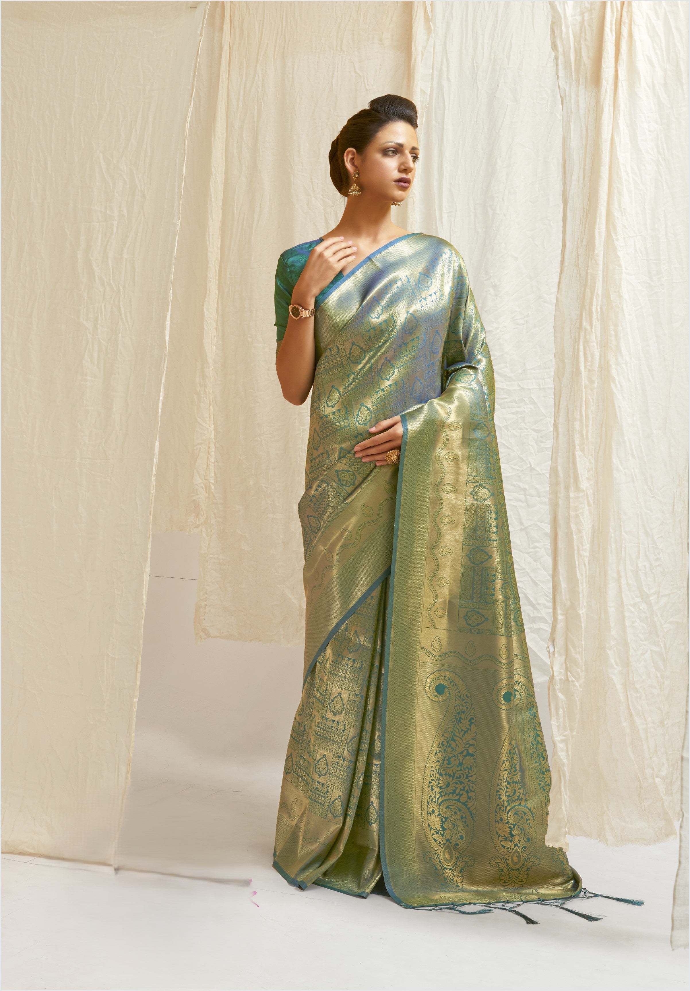 Kumbhi Sea Green Silk Ready To Wear Pocket saree