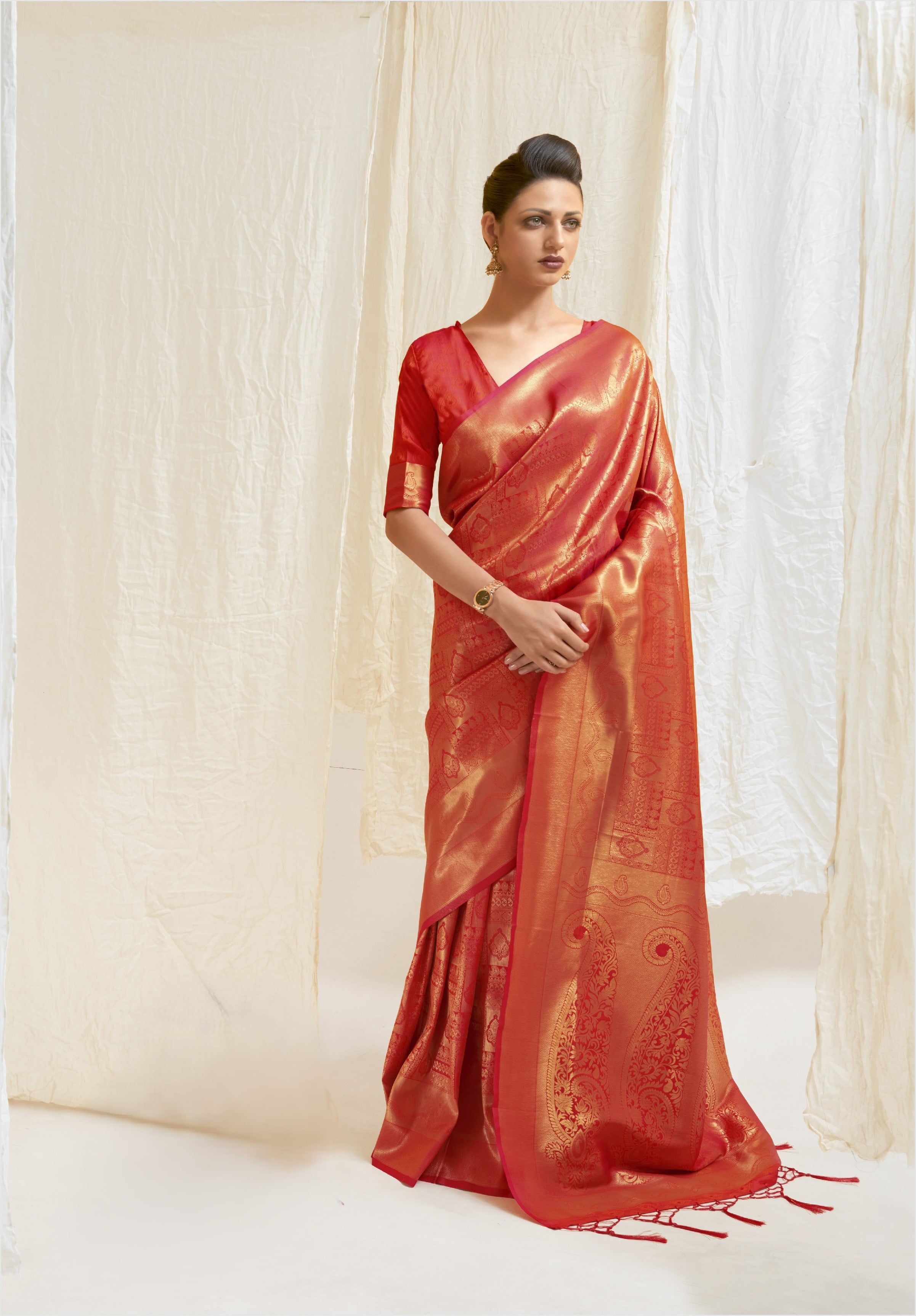 Kumbhi Red Silk Ready To Wear Pocket Saree