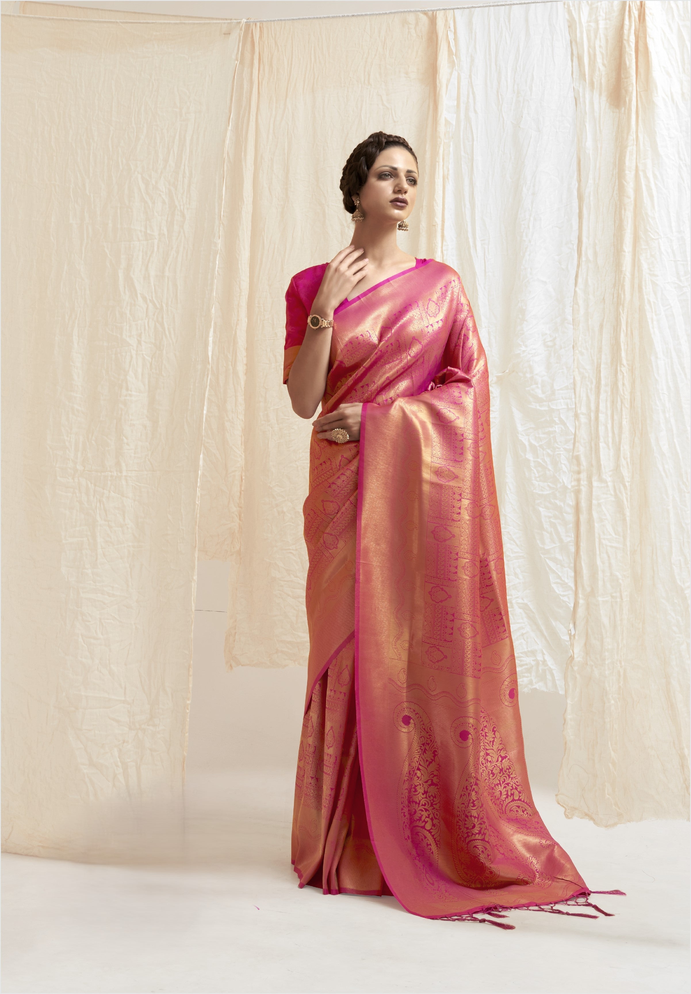 Kumbhi Bright Rani Pink Silk Ready To Wear Pocket Saree