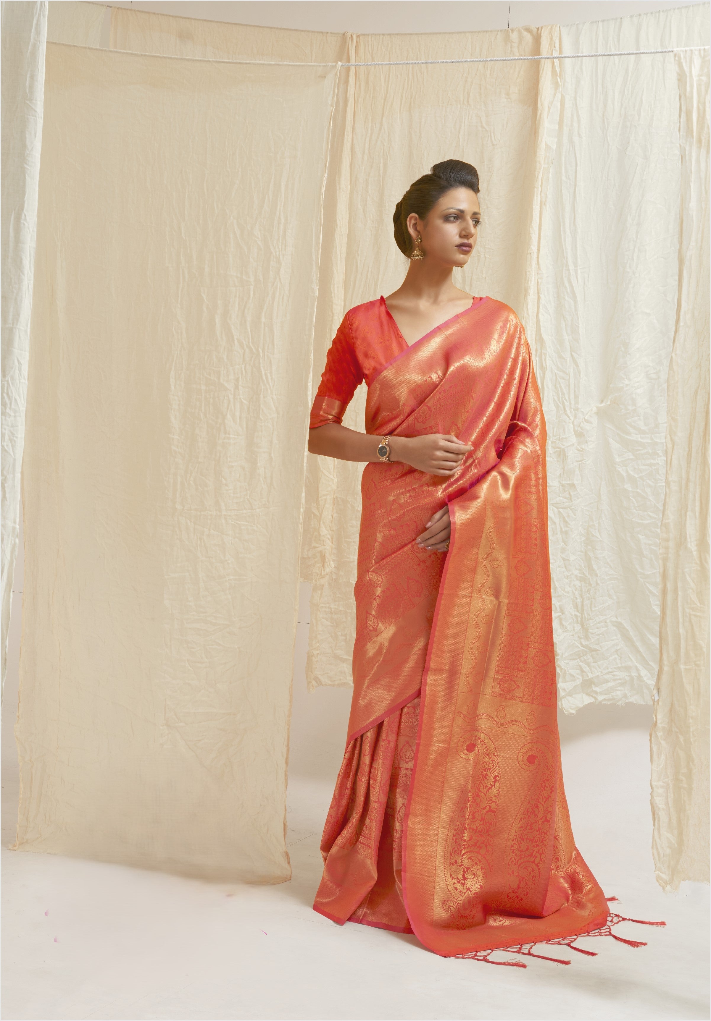 Kumbhi Orange Silk Ready To Wear Pocket Saree