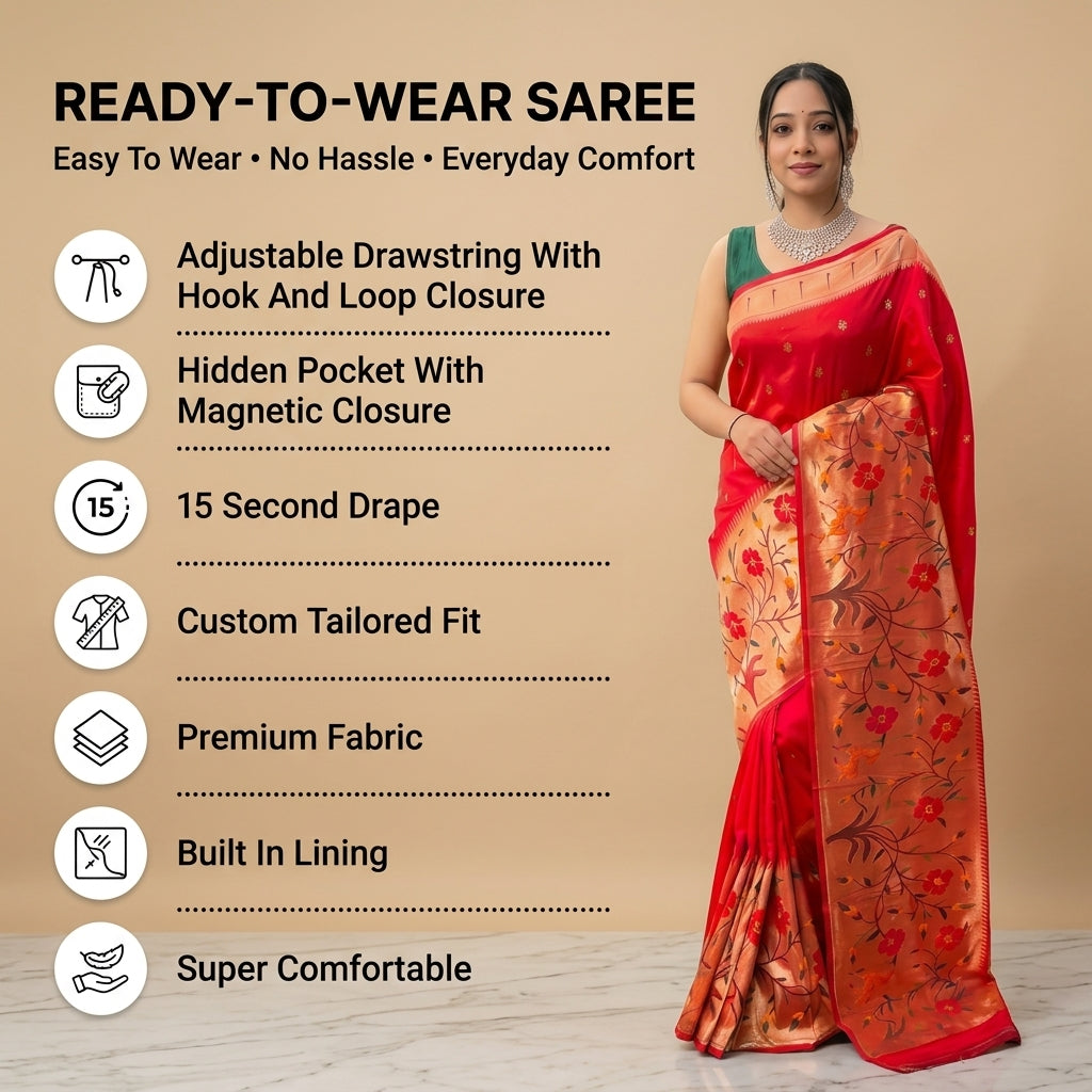 Shubh Shringar (Red) Powerloom Paithani Silk Ready To Wear Pocket Saree