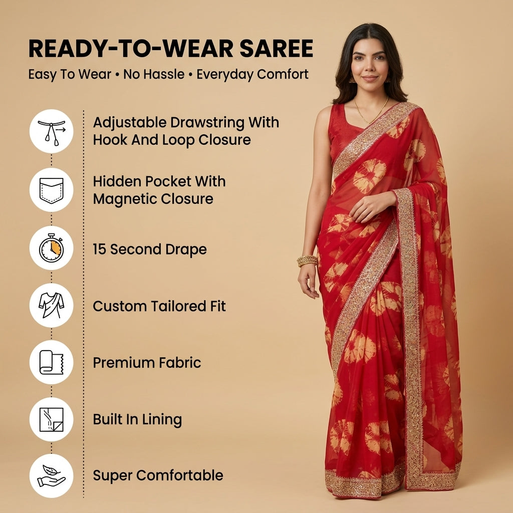 Georgette Bandhej (Red) Ready To Wear Pocket Saree