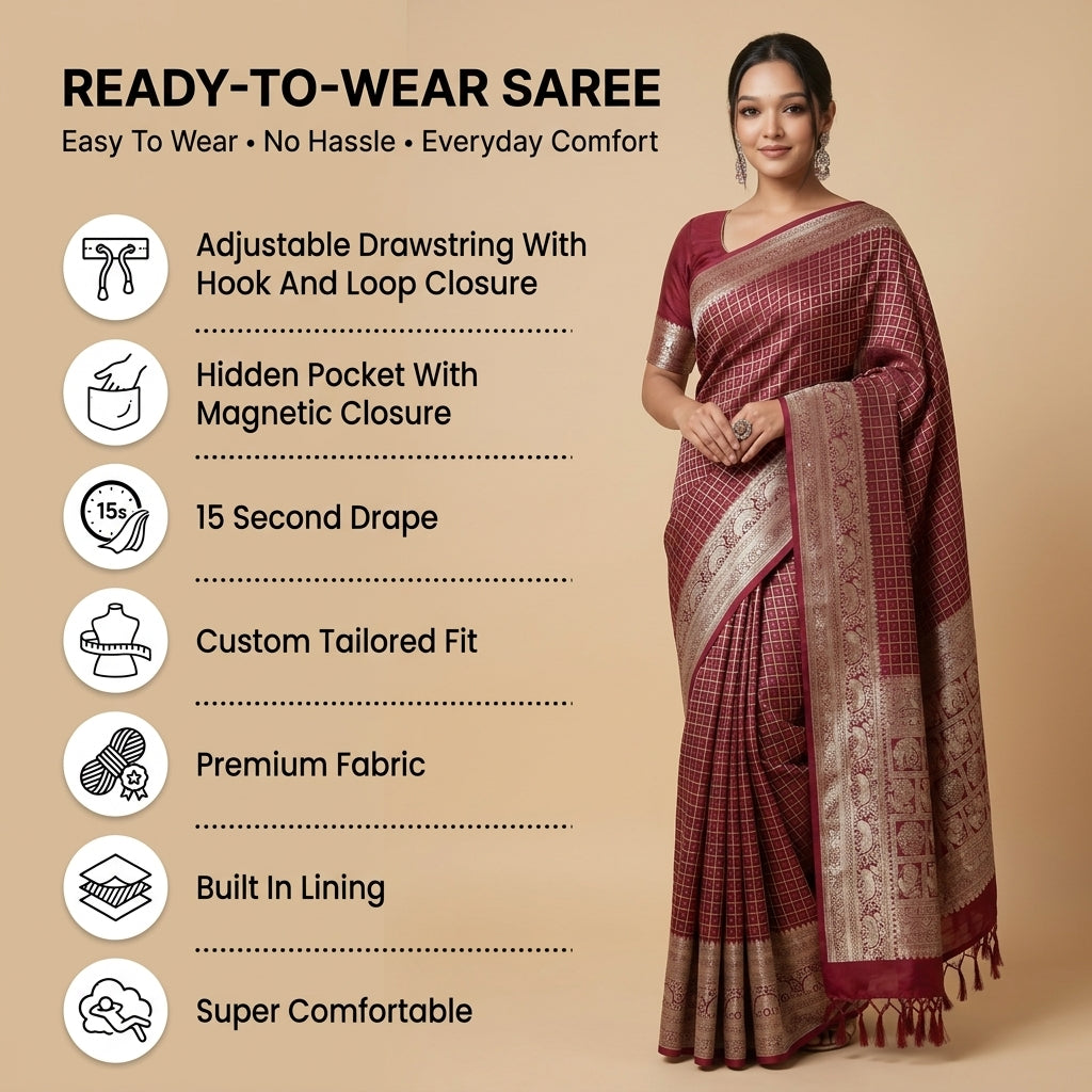 Royal Onyx Silk (Maroon) Ready To Wear Pocket Saree