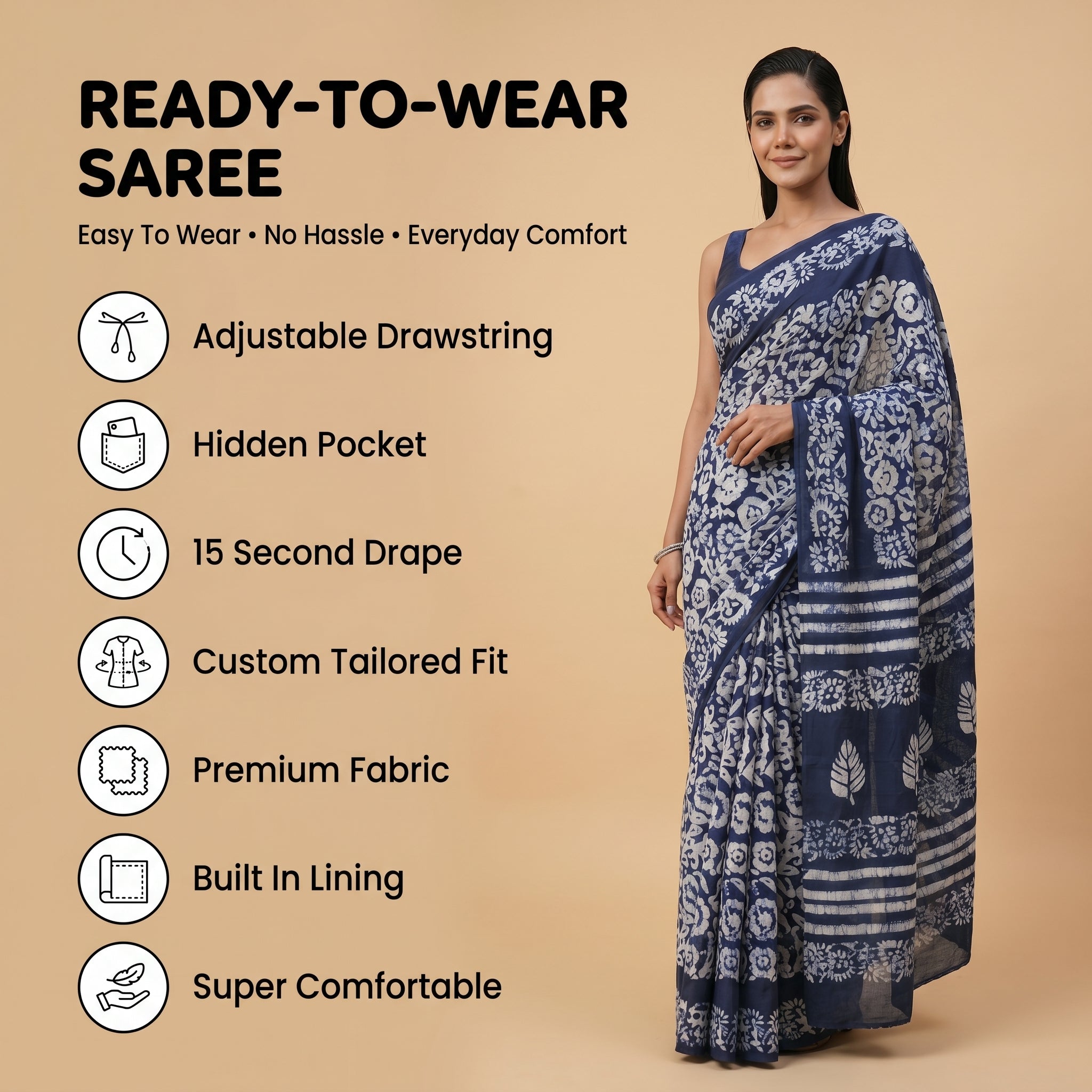Madame Hardy Mul Cotton Ready-To-Wear Pocket Saree