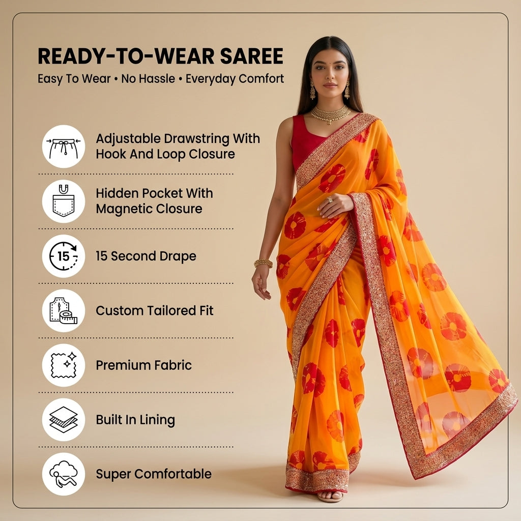 Georgette Bandhej (Yellow) Ready To Wear Pocket Saree