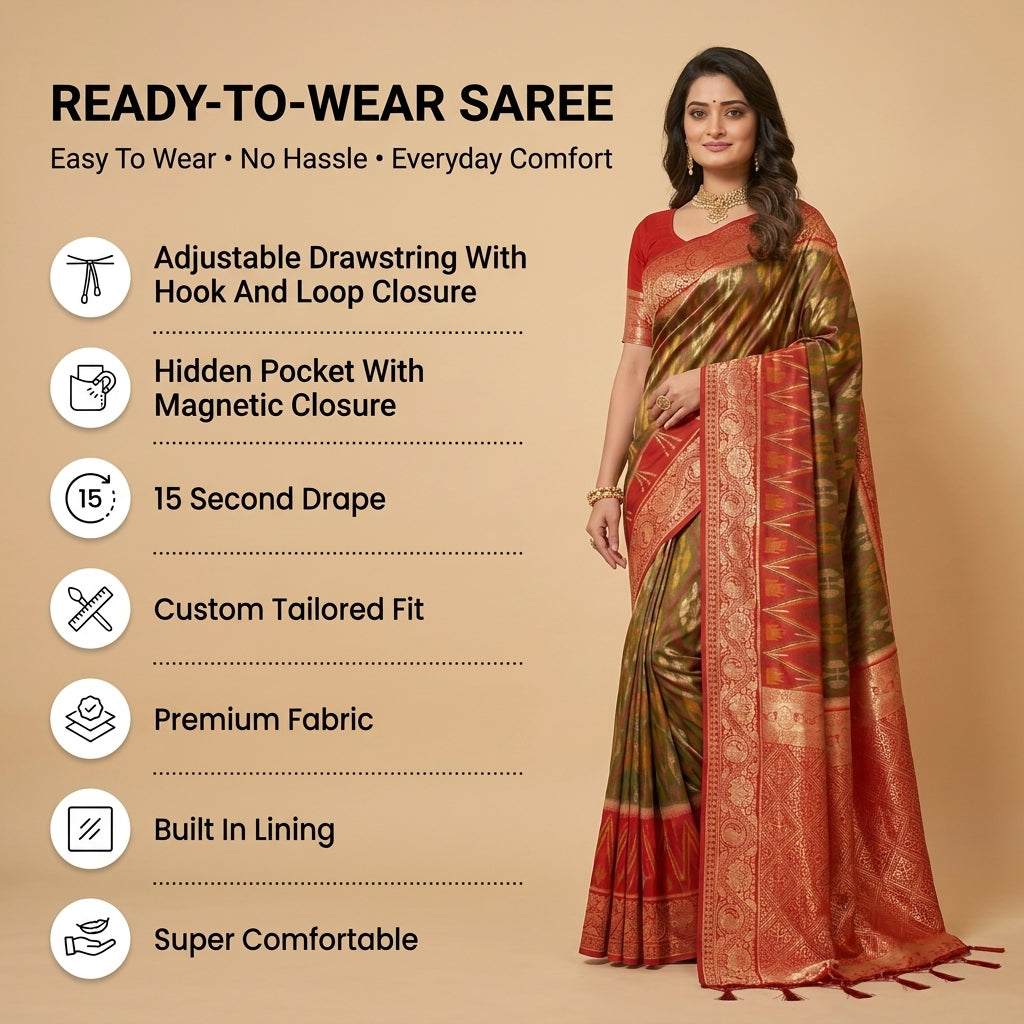 Crimson Ikat Powerloom Silk (A) Ready To Wear Pocket Saree