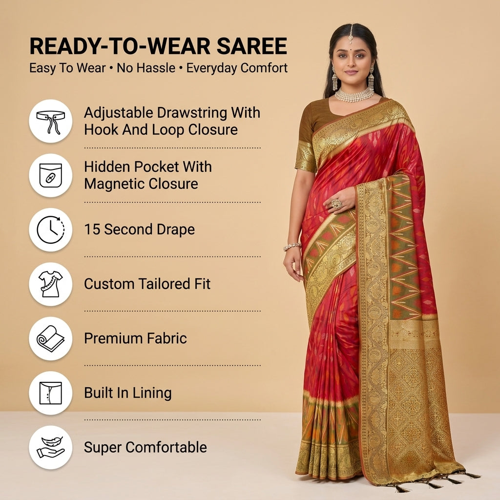 Crimson Ikat Powerloom Silk (D) Ready To Wear Pocket Saree