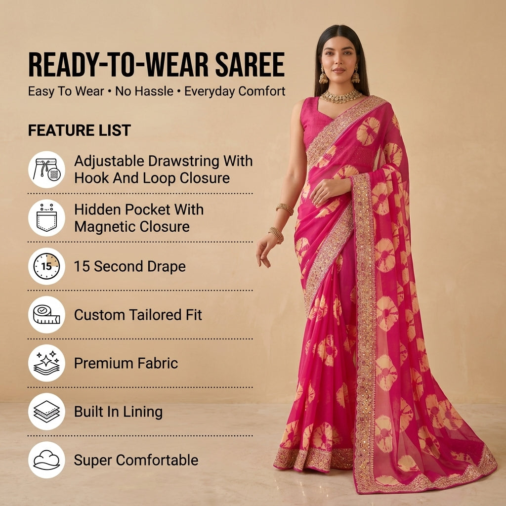 Georgette Bandhej (Pink) Ready To Wear Pocket Saree