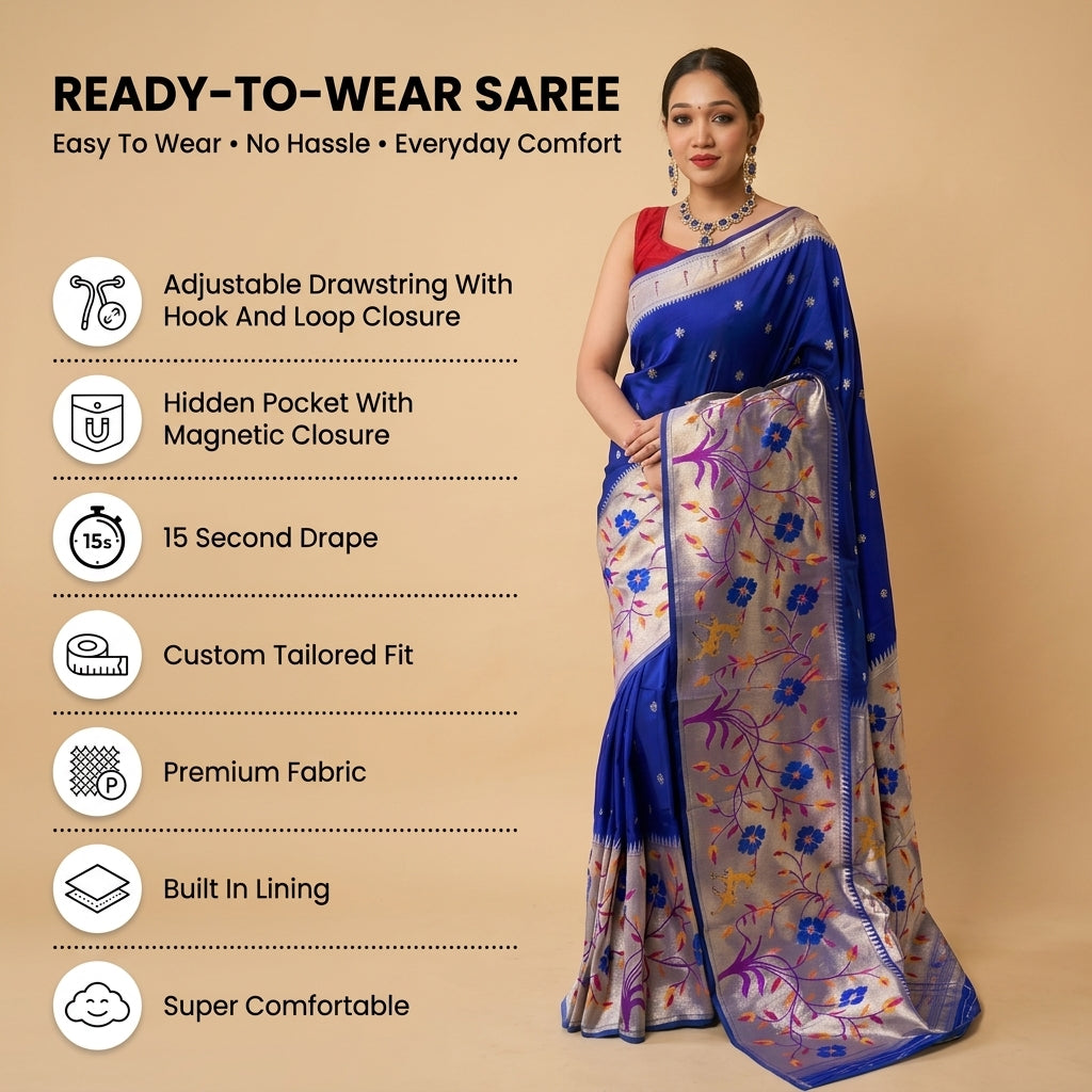 Shubh Shringar (Royal Blue) Powerloom Paithani Silk Ready To Wear Pocket Saree