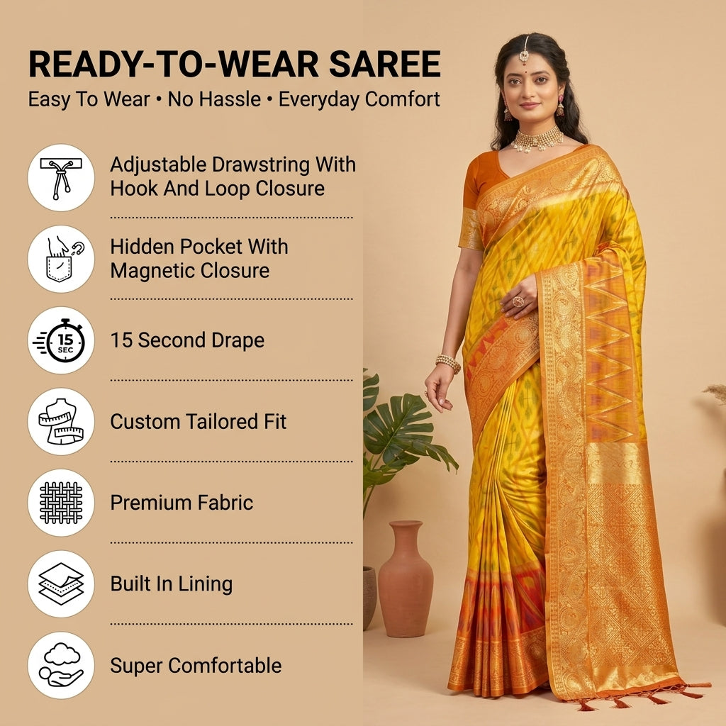 Crimson Ikat Powerloom Silk (B) Ready To Wear Pocket Saree