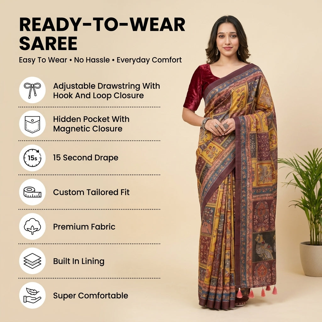 Cotton Kalamkari (E) Ready To Wear Pocket Saree