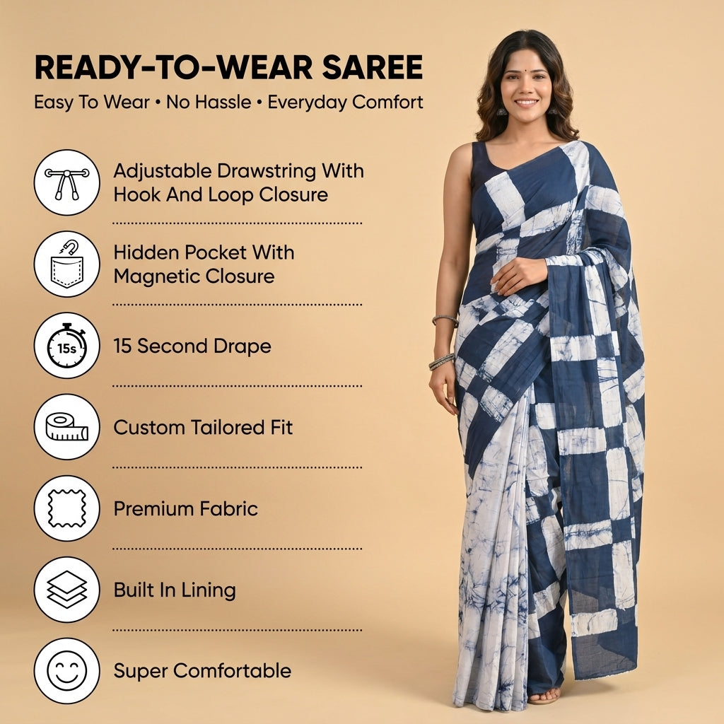 Navy Grid  Mul Cotton Ready To Wear Pocket Saree