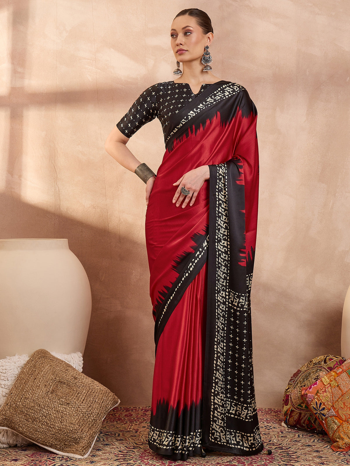 Saanjh Semi Modal Ready To Wear Pocket Saree | Red