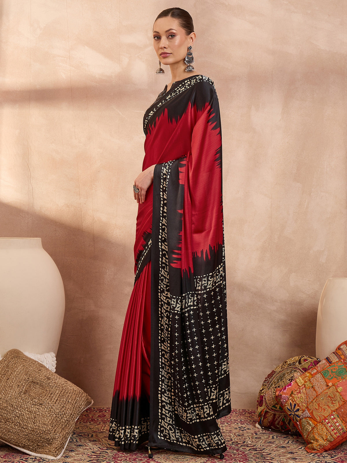Saanjh Semi Modal Ready To Wear Pocket Saree | Red
