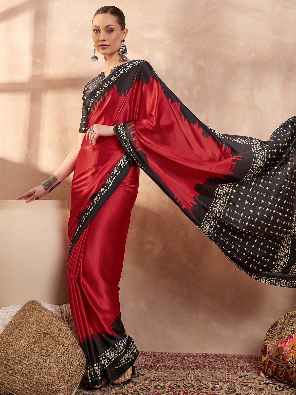 Saanjh Semi Modal Ready To Wear Pocket Saree | Red