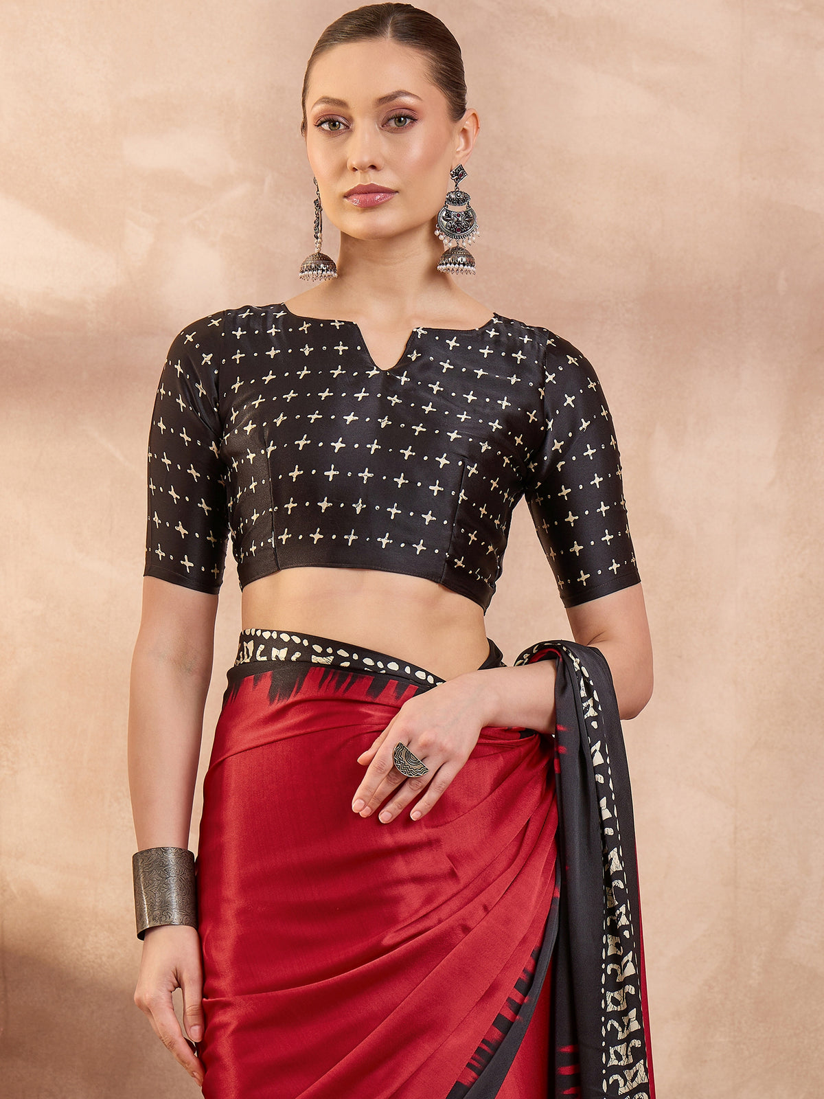 Saanjh Semi Modal Ready To Wear Pocket Saree | Red