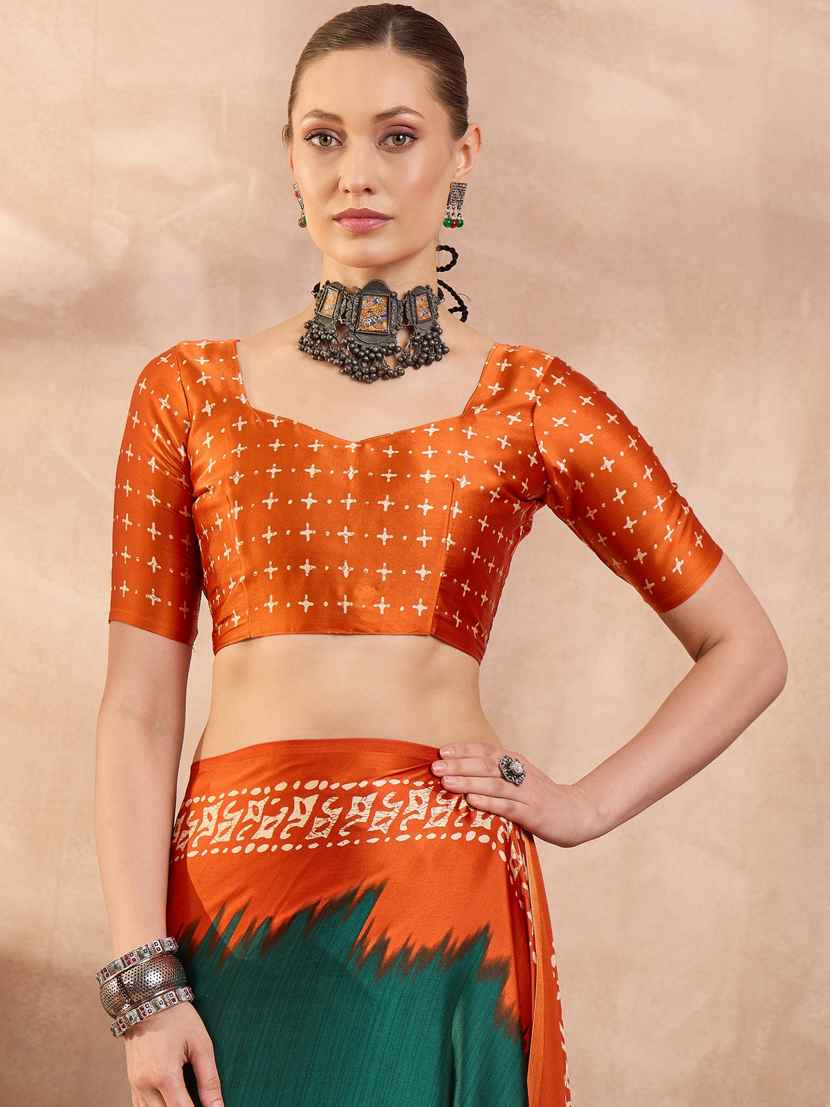 Saanjh Semi Modal Ready To Wear Pocket Saree | Green