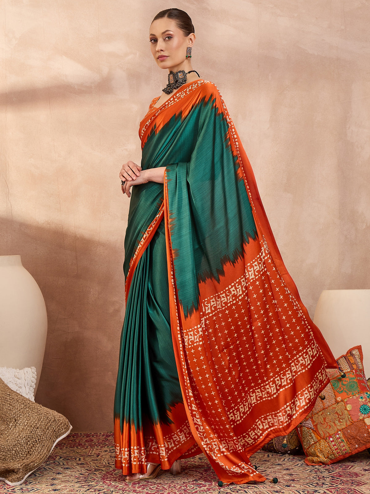 Saanjh Semi Modal Ready To Wear Pocket Saree | Green