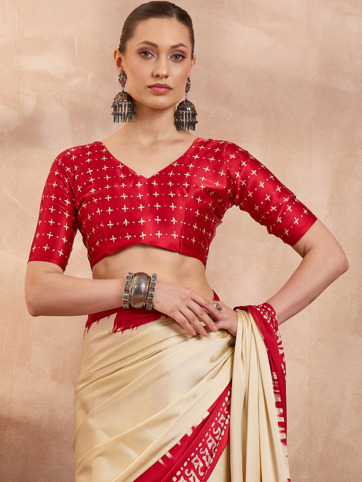 Saanjh Semi Modal Ready To Wear Pocket Saree | Cream