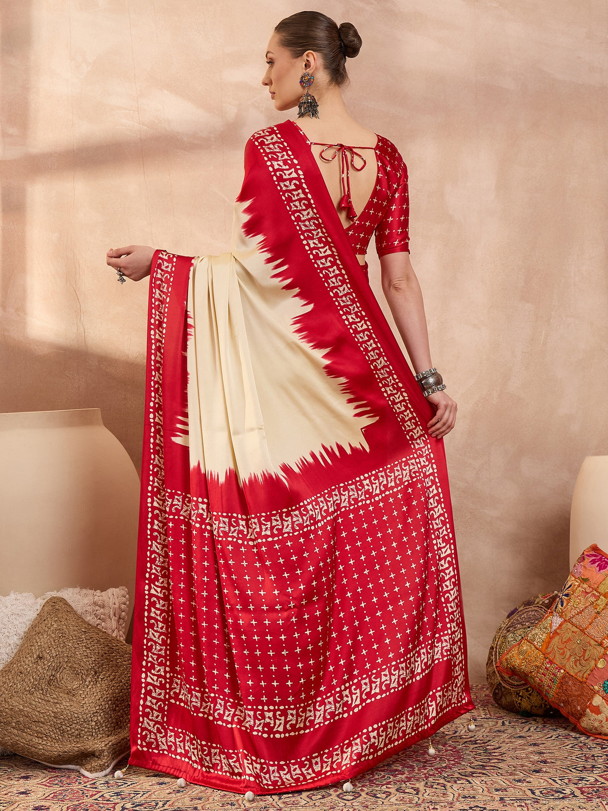 Saanjh Semi Modal Ready To Wear Pocket Saree | Cream