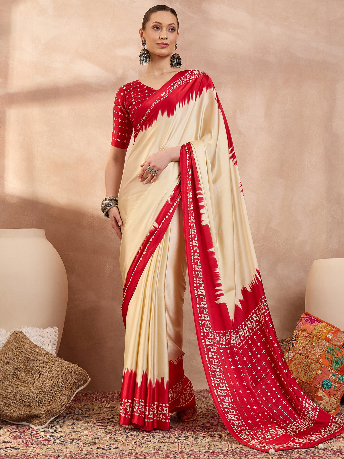 Saanjh Semi Modal Ready To Wear Pocket Saree | Cream