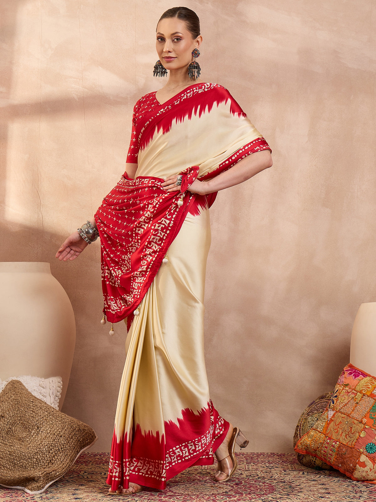 Saanjh Semi Modal Ready To Wear Pocket Saree | Cream