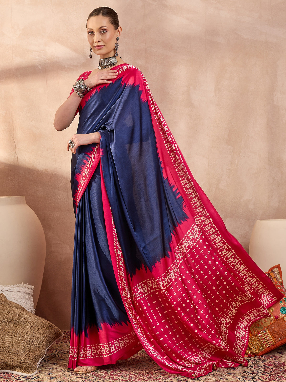 Saanjh Semi Modal Ready To Wear Pocket Saree | Blue